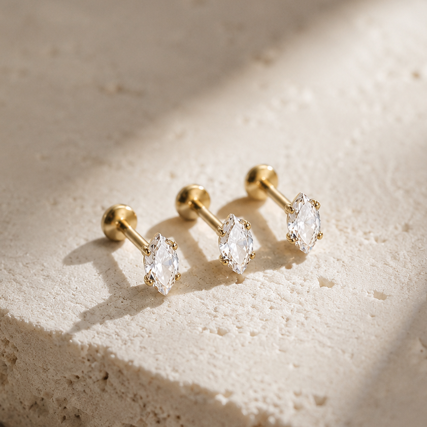 Invisible Set Marquise Flat Back Labret Stud Gold