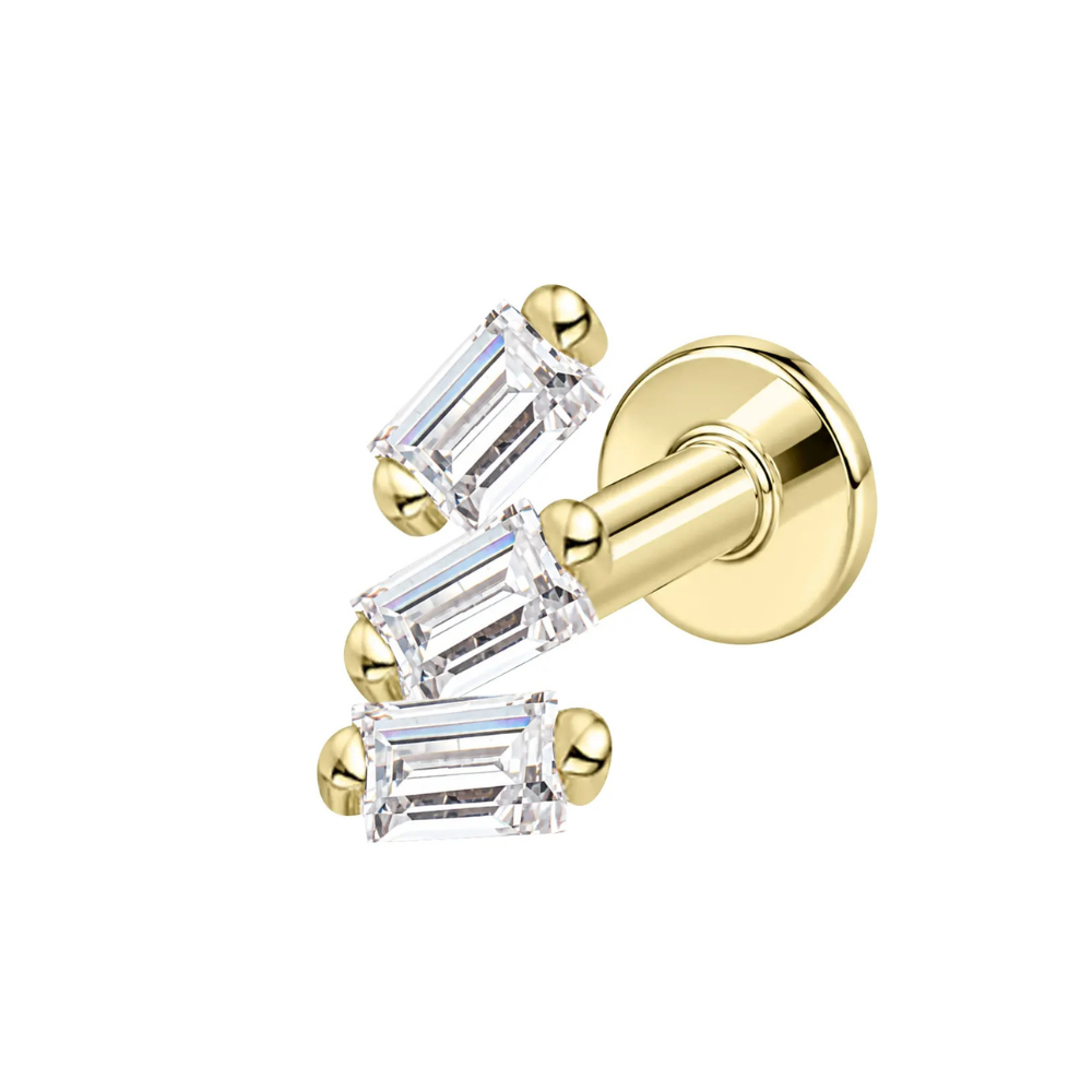 14K Solid Gold Triple Baguette Flat Back Stud