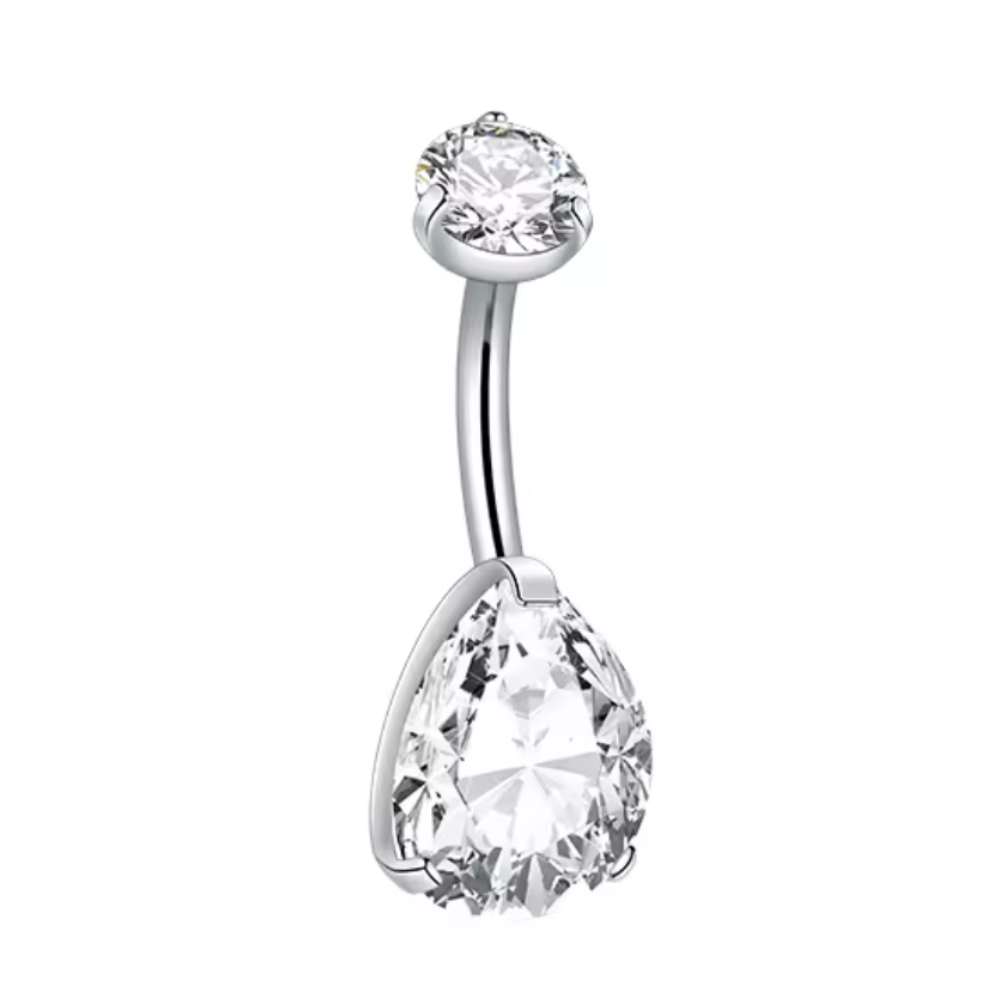 Crystal Peardrop Belly Bar - Silver