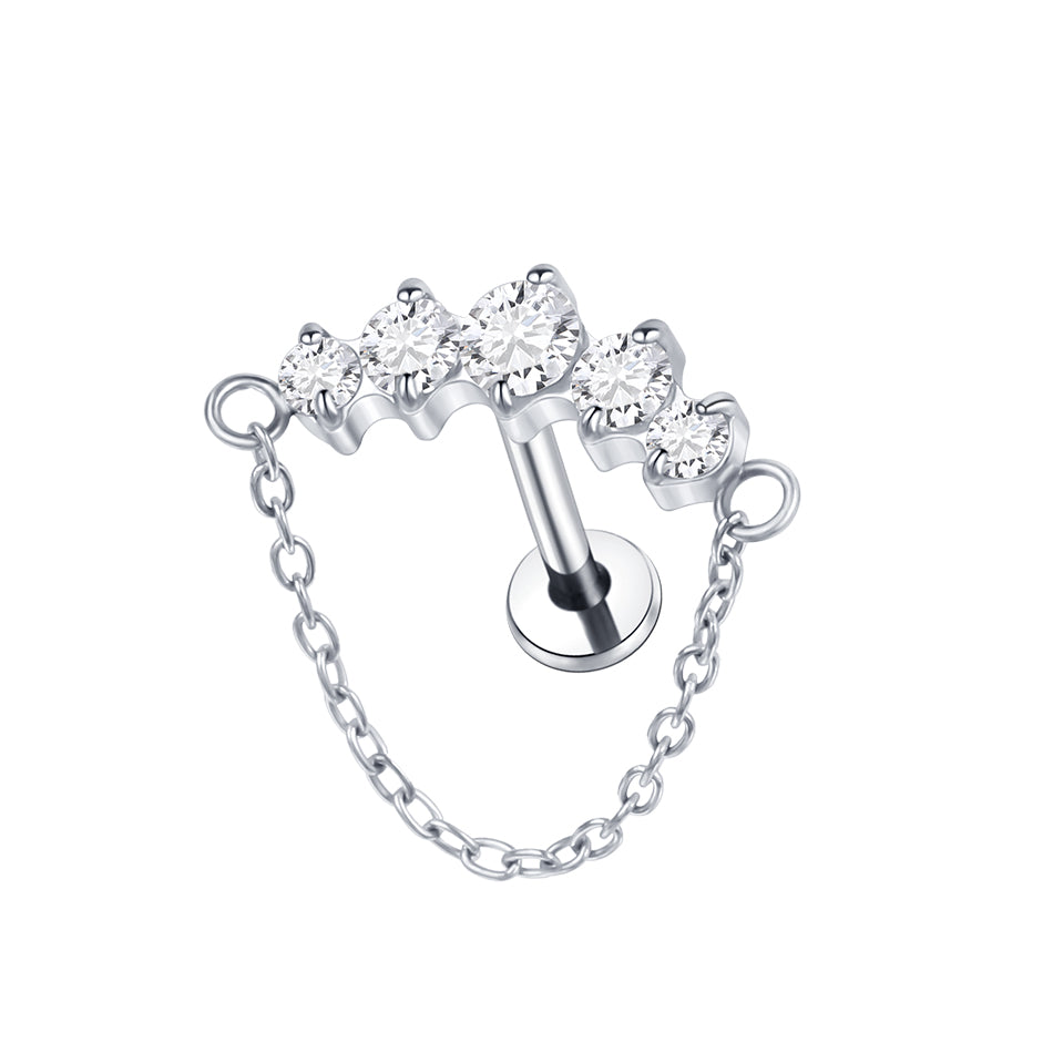 Crystal Curve Chain Flat Back Labret Stud Silver