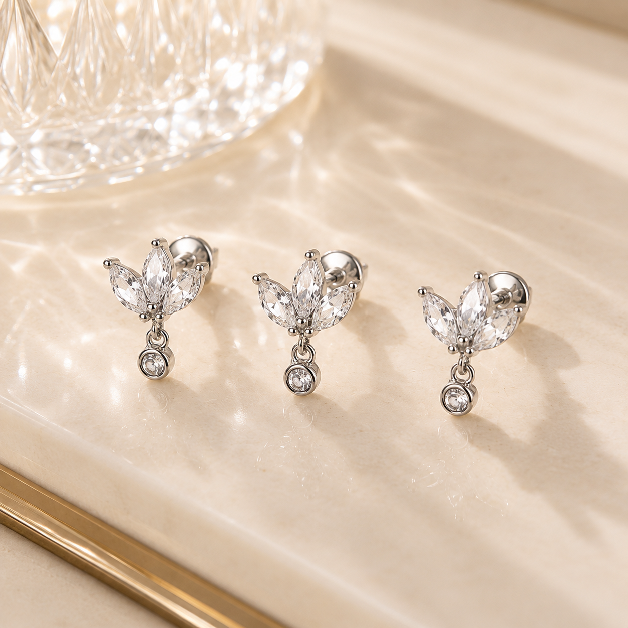 Marquise Crystal Drop Flat Back Labret Stud Silver
