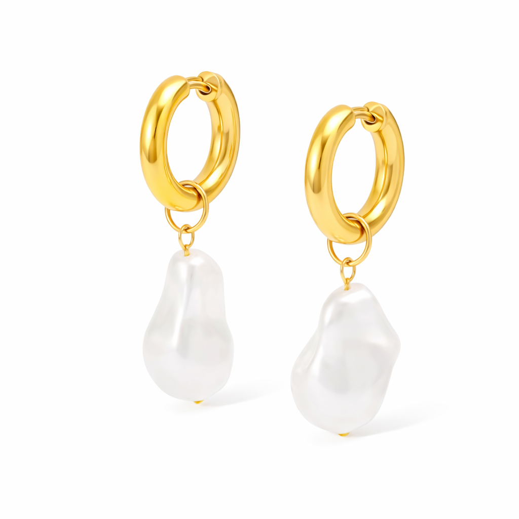 Baroque Pearl Drop Hoops Gold
