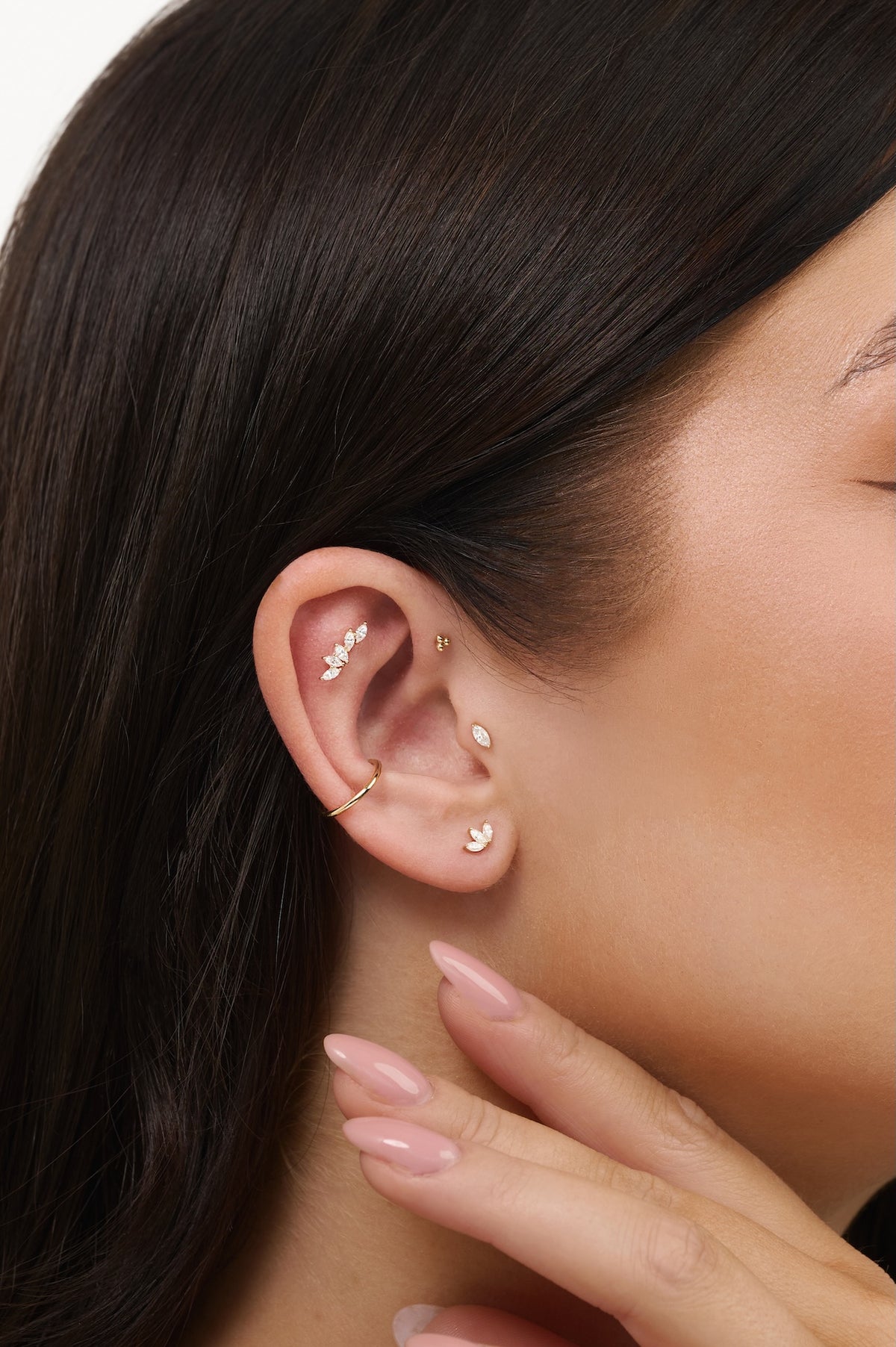 14K Solid Gold Marquise Leaf Climber Flat Back Stud