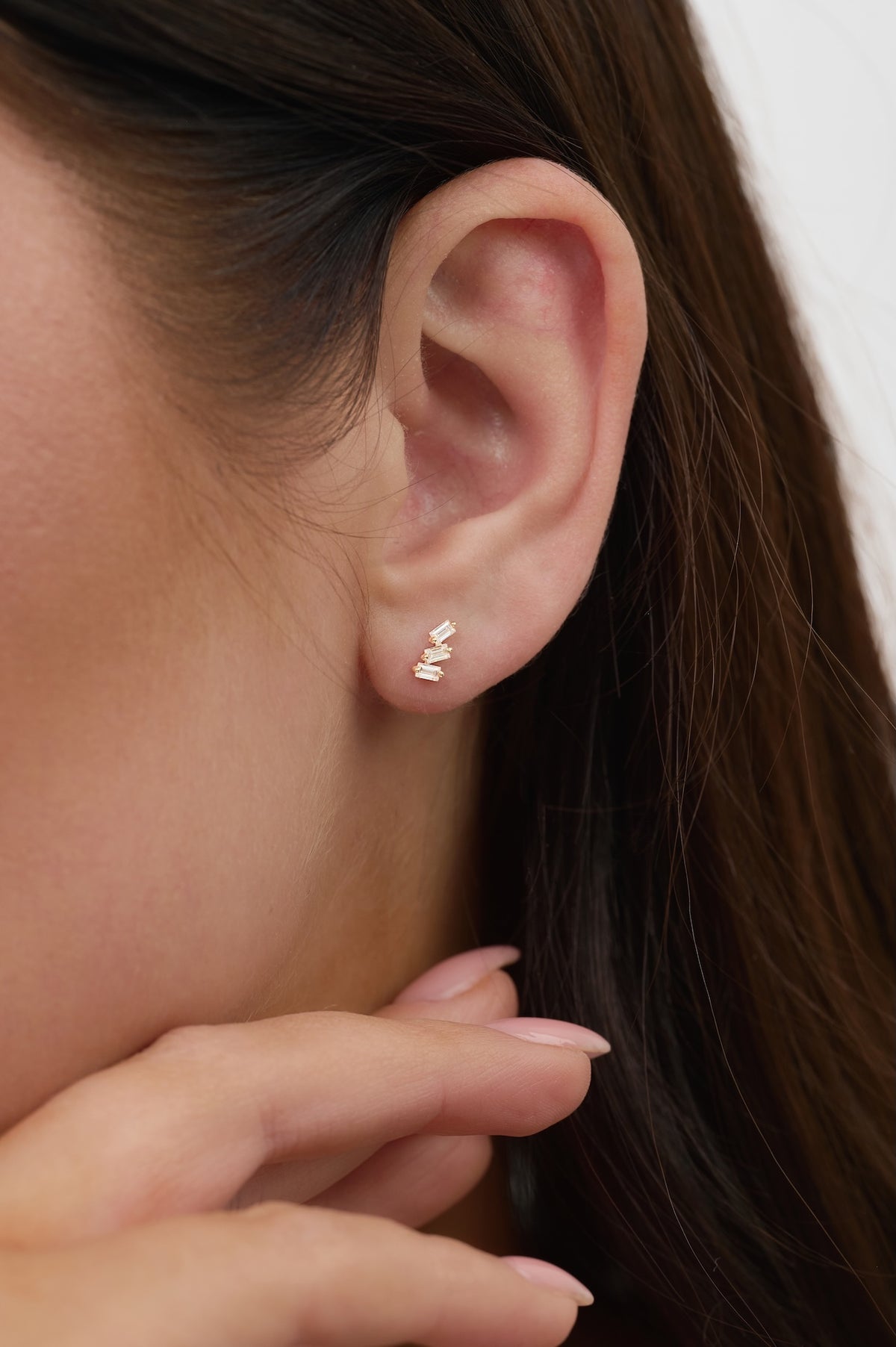 14K Solid Gold Triple Baguette Flat Back Stud