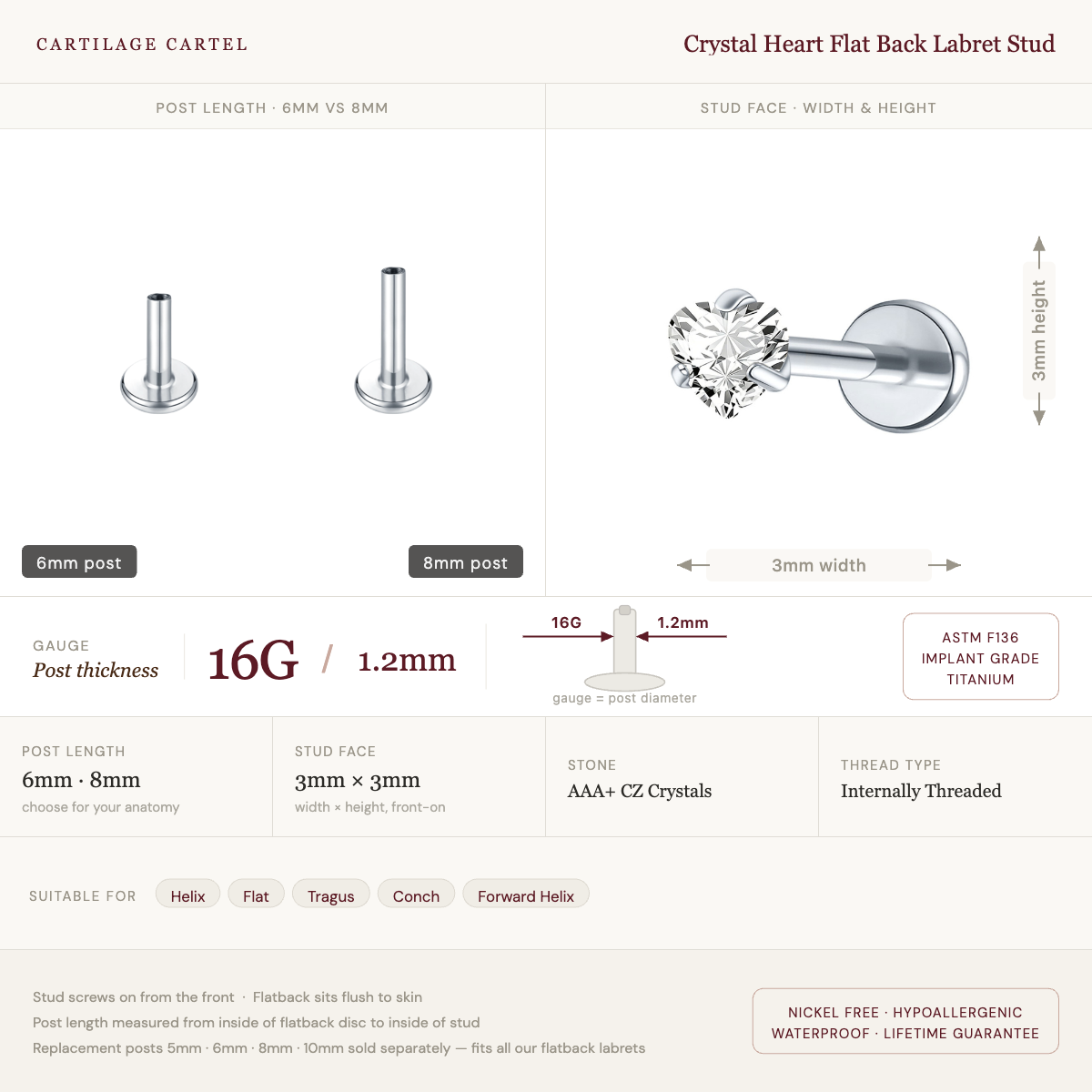 Crystal Heart Flat Back Labret Stud Silver