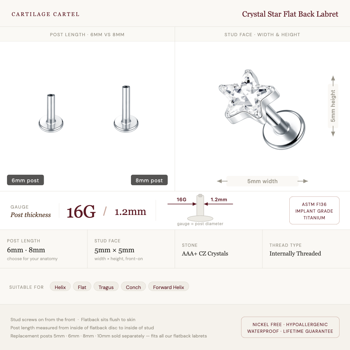 Crystal Star Flat Back Labret Silver