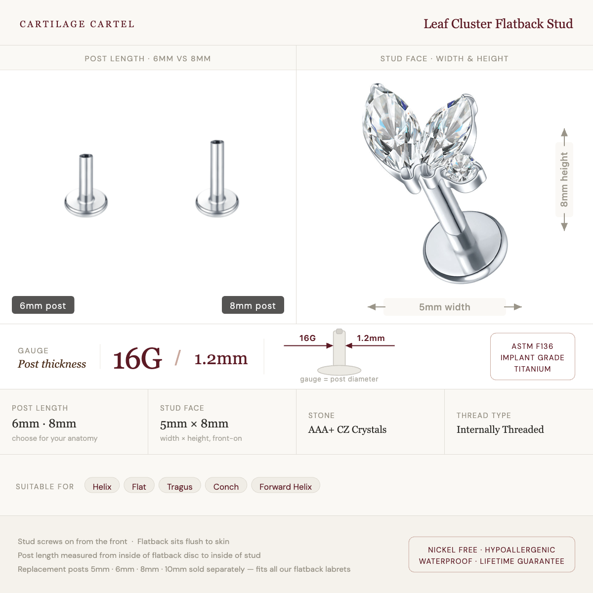 Leaf Sparkle Flat Back Labret Stud Silver