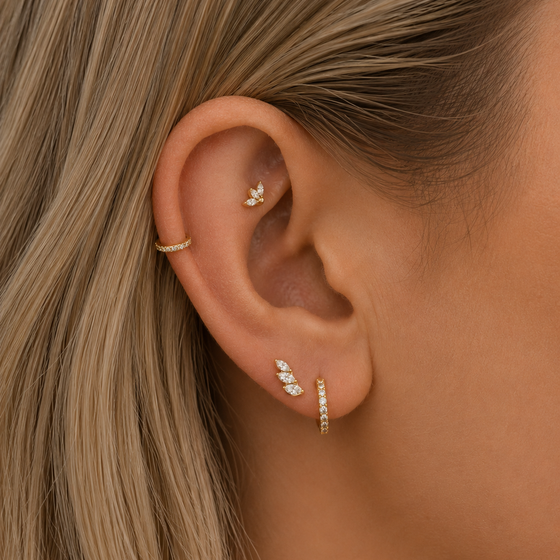 Marquise Leaf Climber Flat Back Labret Stud Gold