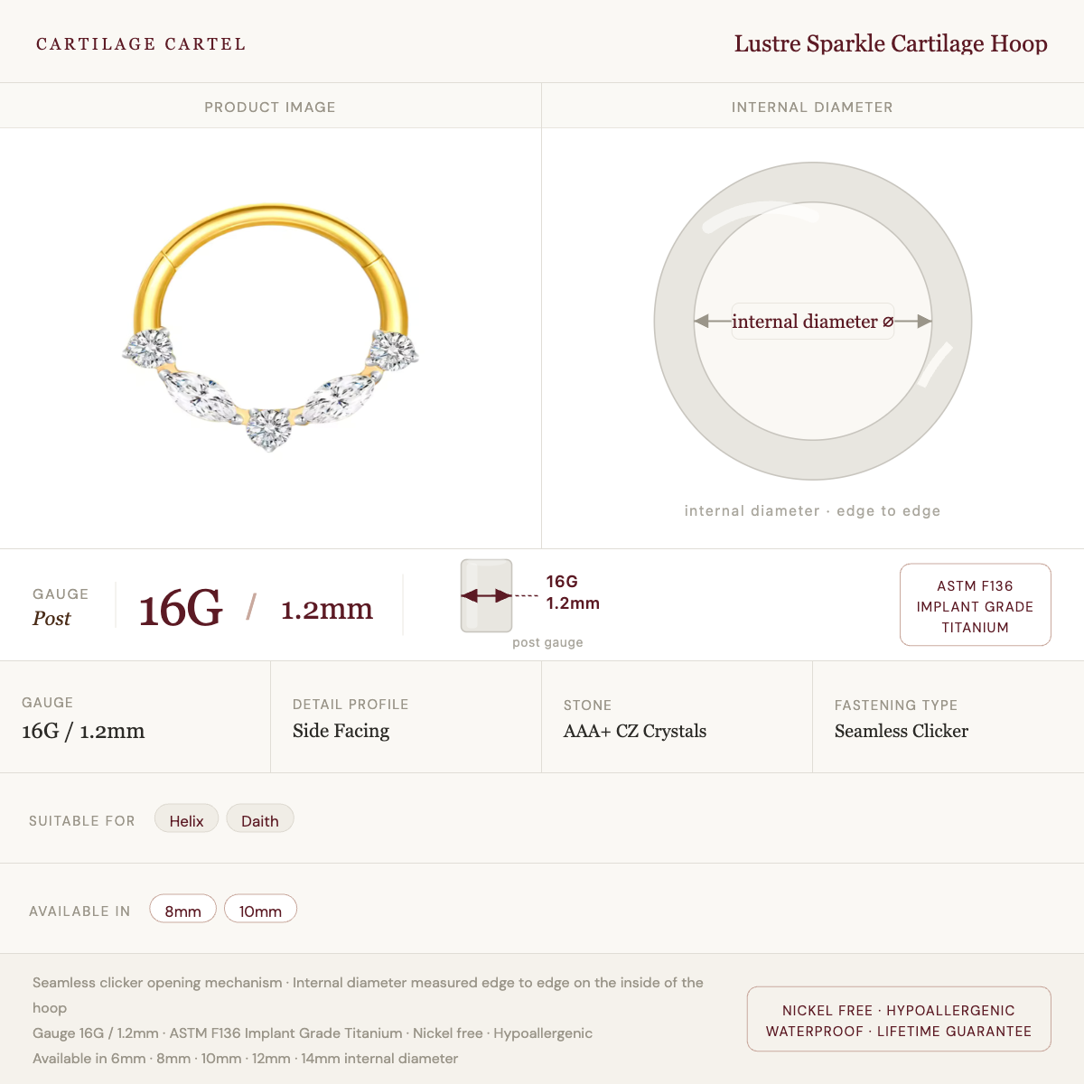 Lustre Sparkle Cartilage Hoop Gold 8-10mm