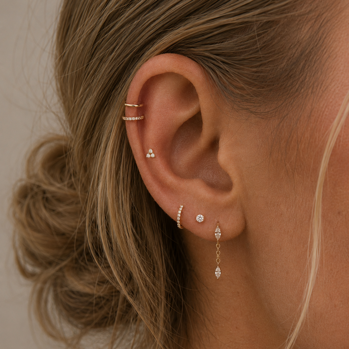 Marquise Chain Drop Flat Back Stud Gold