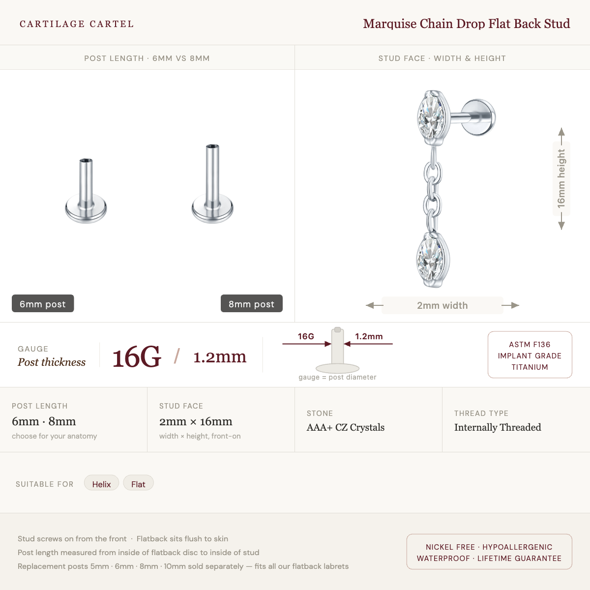 Marquise Chain Drop Flat Back Stud Gold