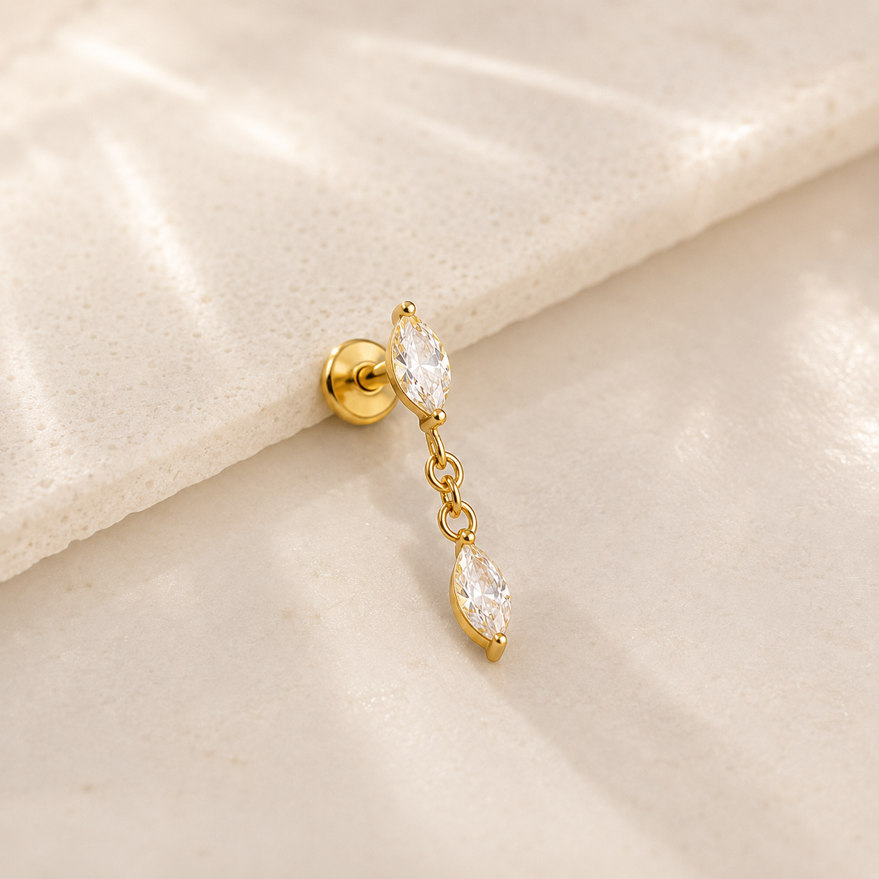 Marquise Chain Drop Flat Back Stud Gold