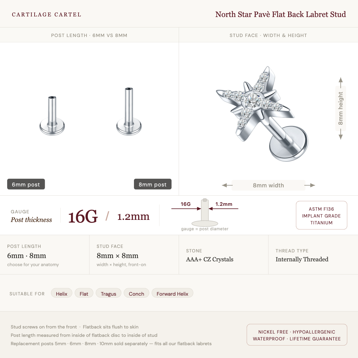 North Star Pavè Flat Back Labret Stud Silver