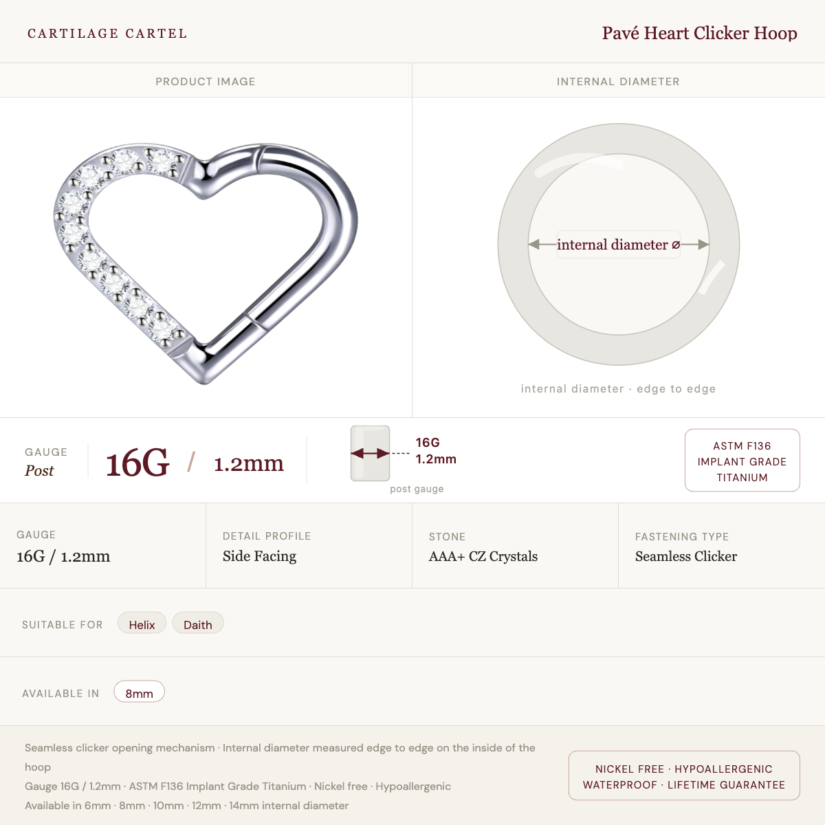 Pavé Heart Clicker Hoop Silver