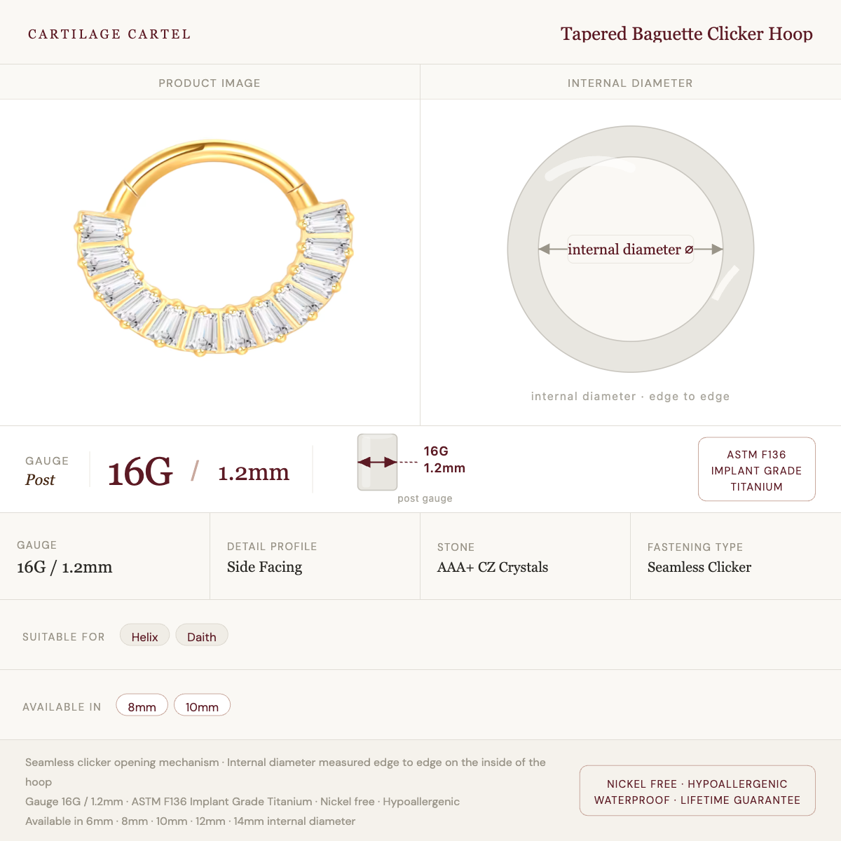Tapered Baguette Clicker Hoop Gold 8-10mm