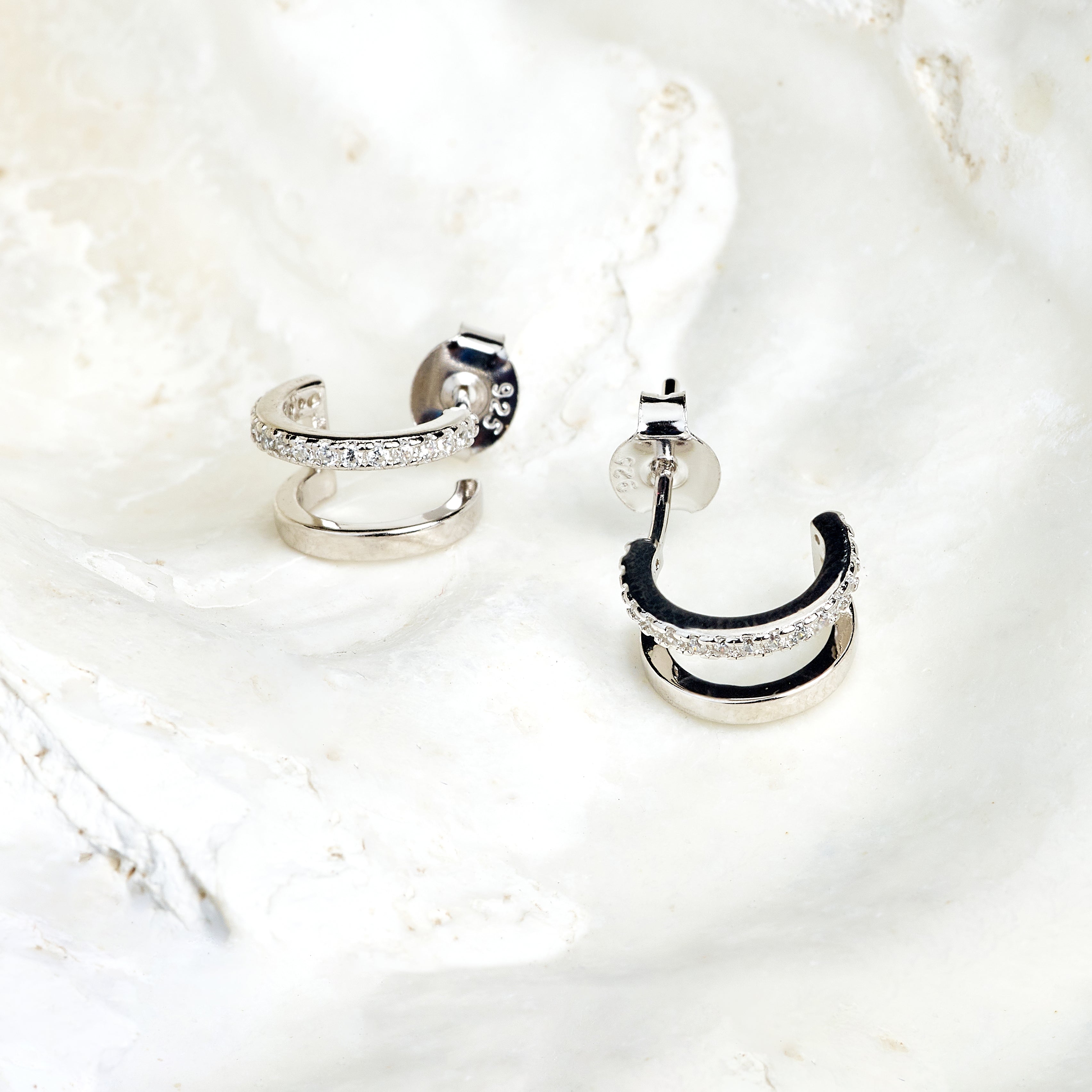 Illusion Double Huggie Stud Earrings Silver