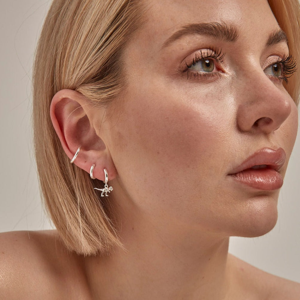 T-Rex Dinosaur Huggie Earrings Silver