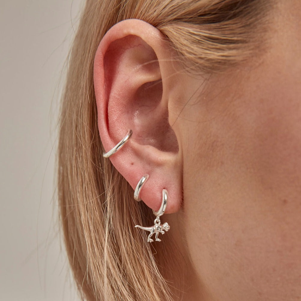 T-Rex Dinosaur Huggie Earrings Silver