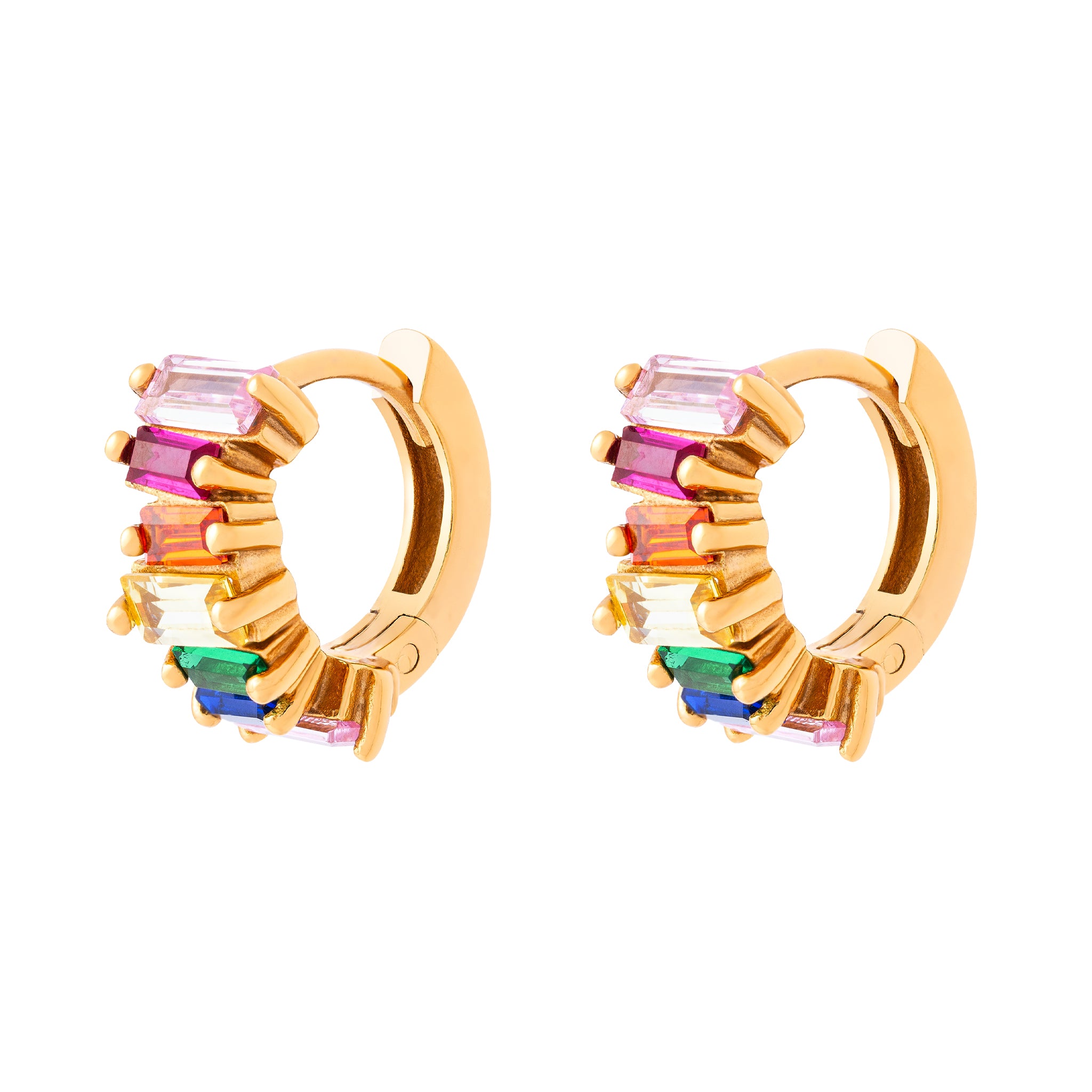 Rainbow Crystal Baguette Huggies in Gold