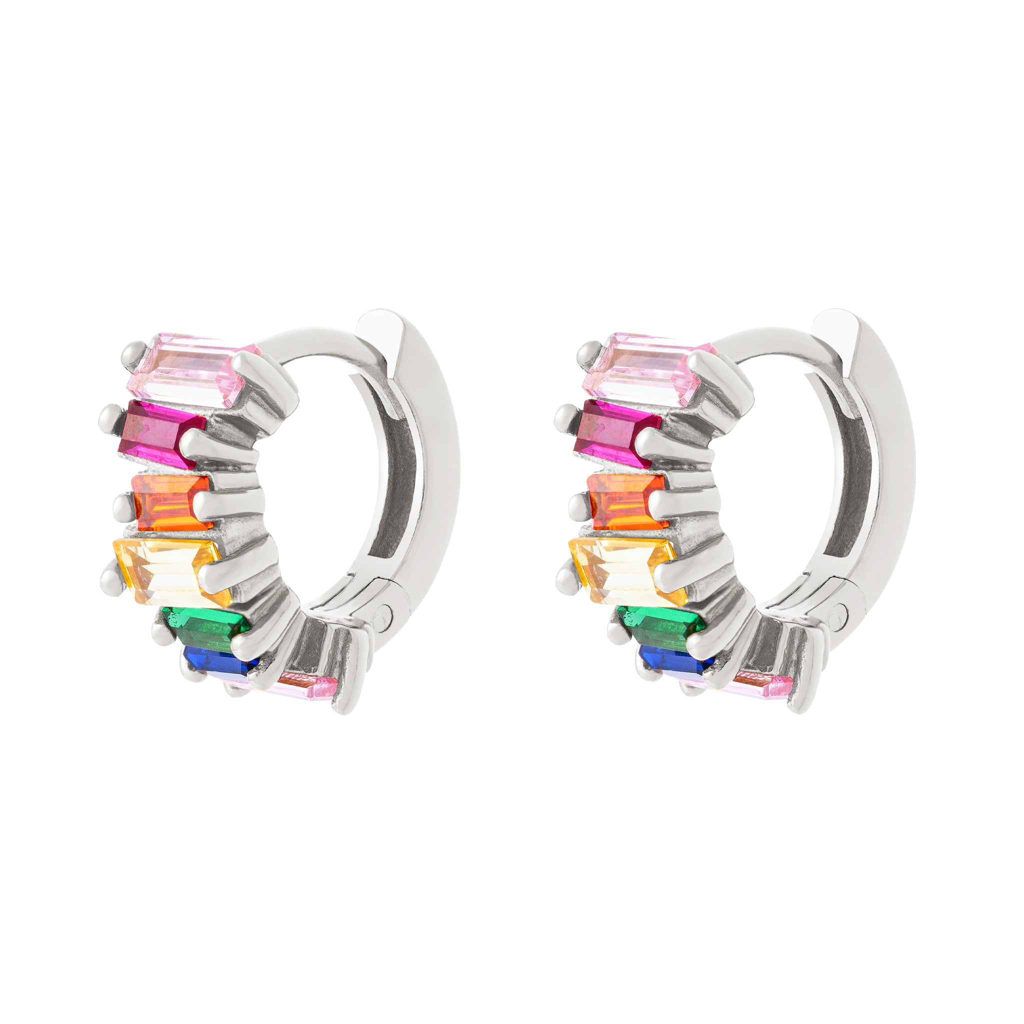 Rainbow Crystal Baguette Huggies in Silver