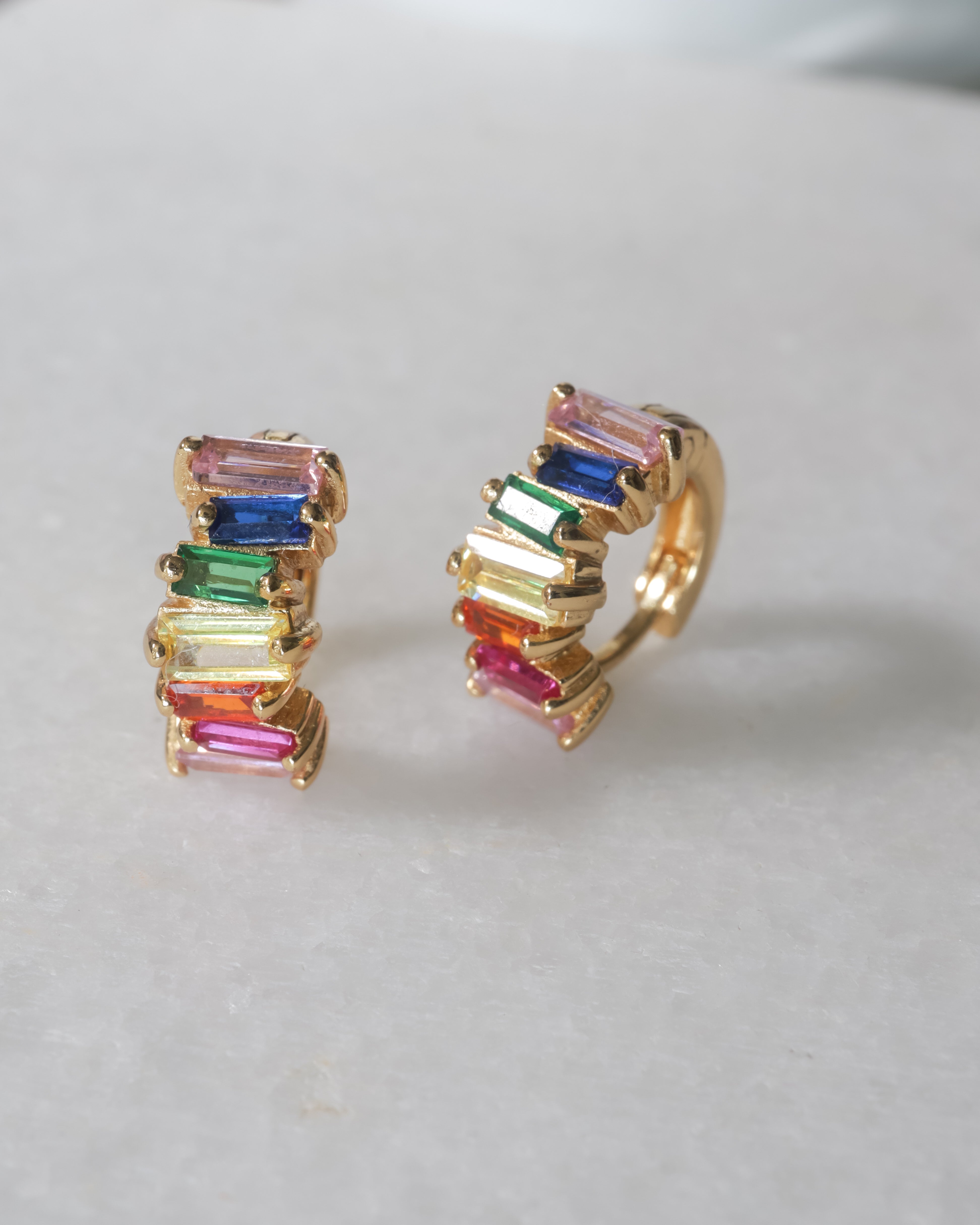 Rainbow Crystal Baguette Huggies in Silver