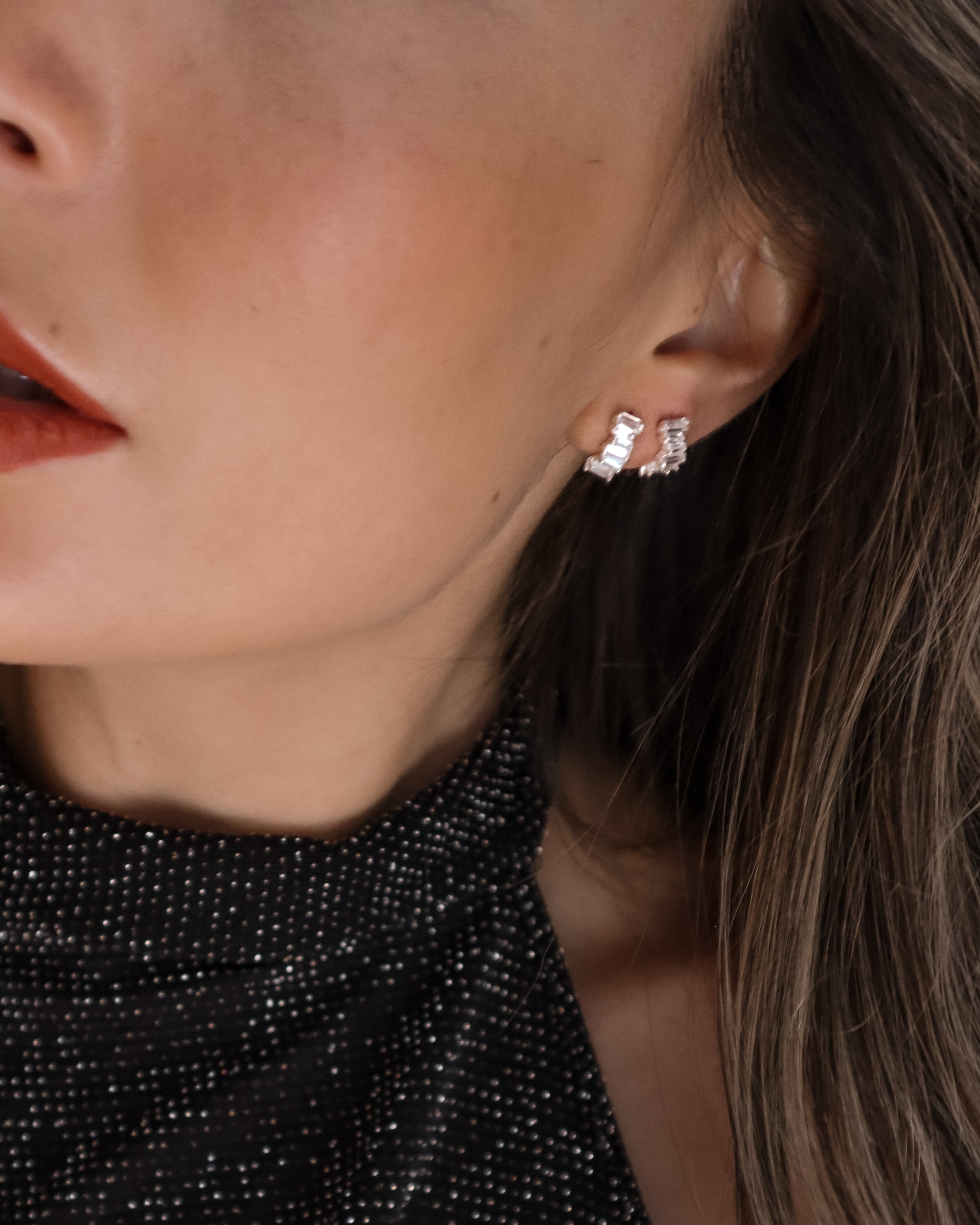 Crystal Baguette Huggies Silver