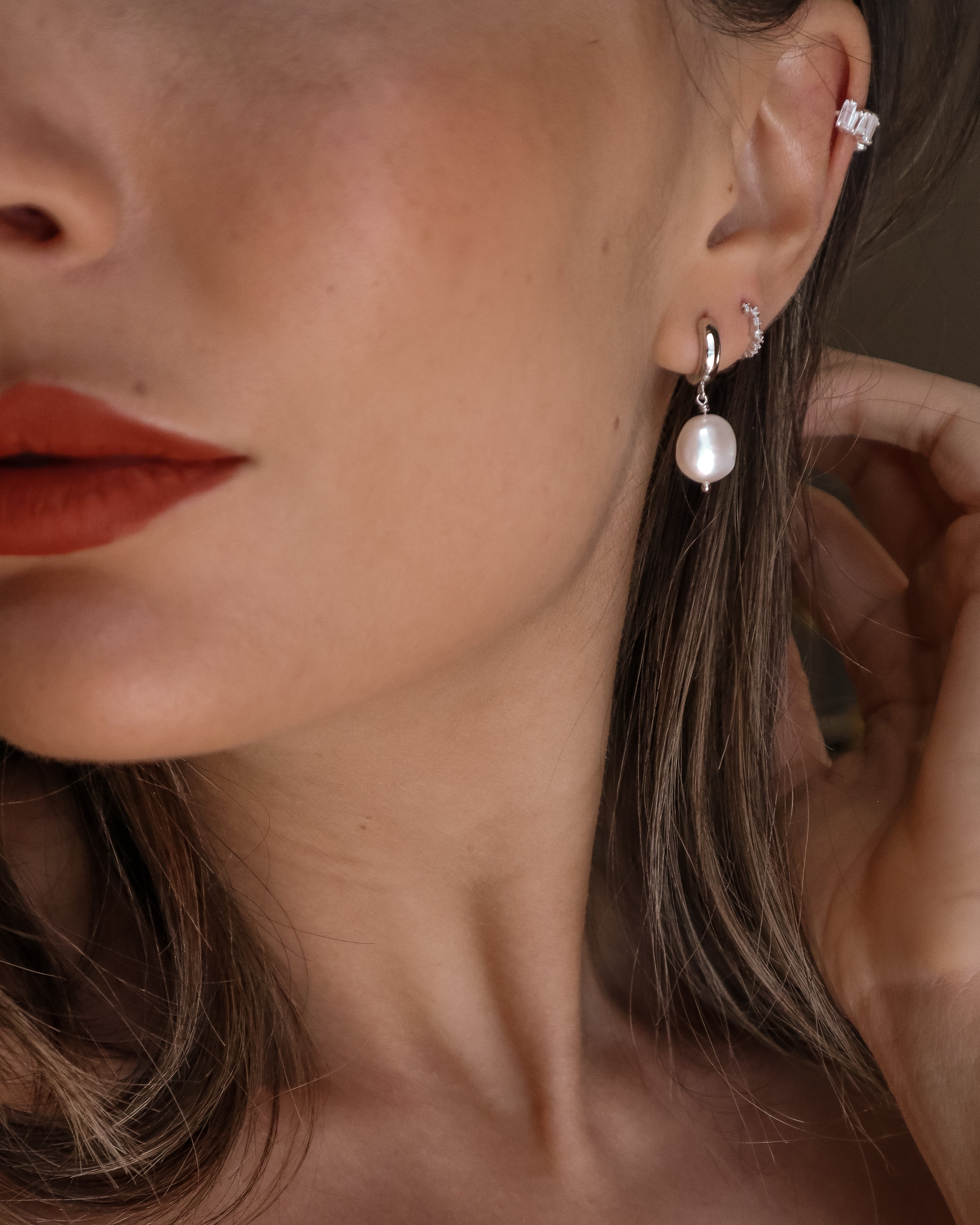 Baroque Pearl Drop Huggie Hoop Earrings Silver
