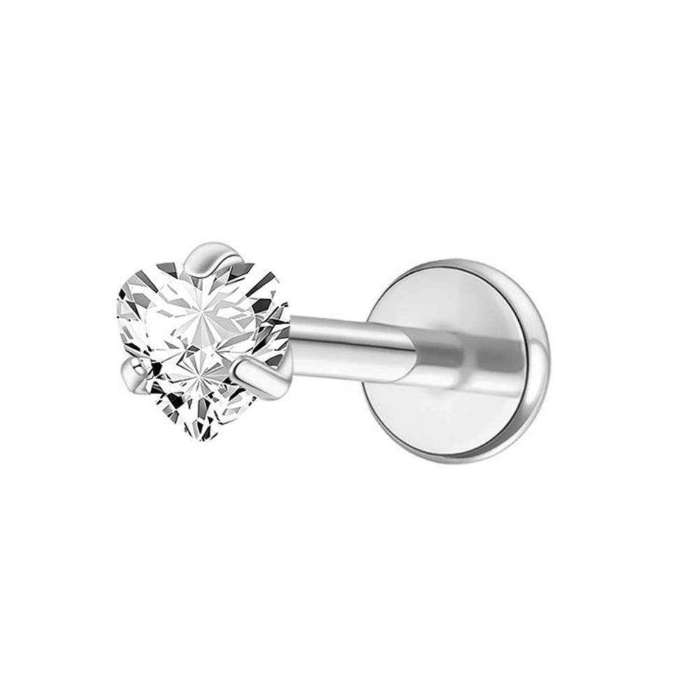 Crystal Heart Flat Back Labret Stud Silver