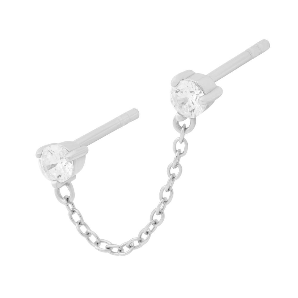 Double Sparkle Chain Stud Silver