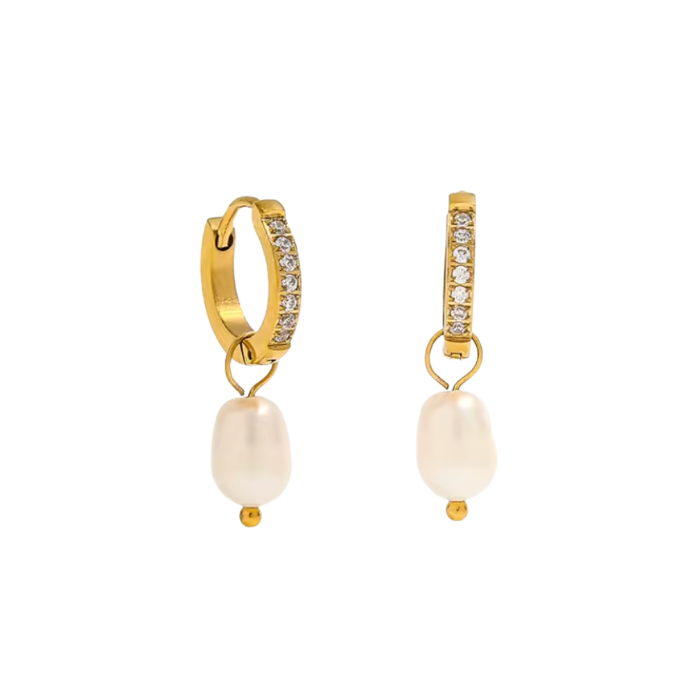Pavé Pearl Drop Hoops Gold