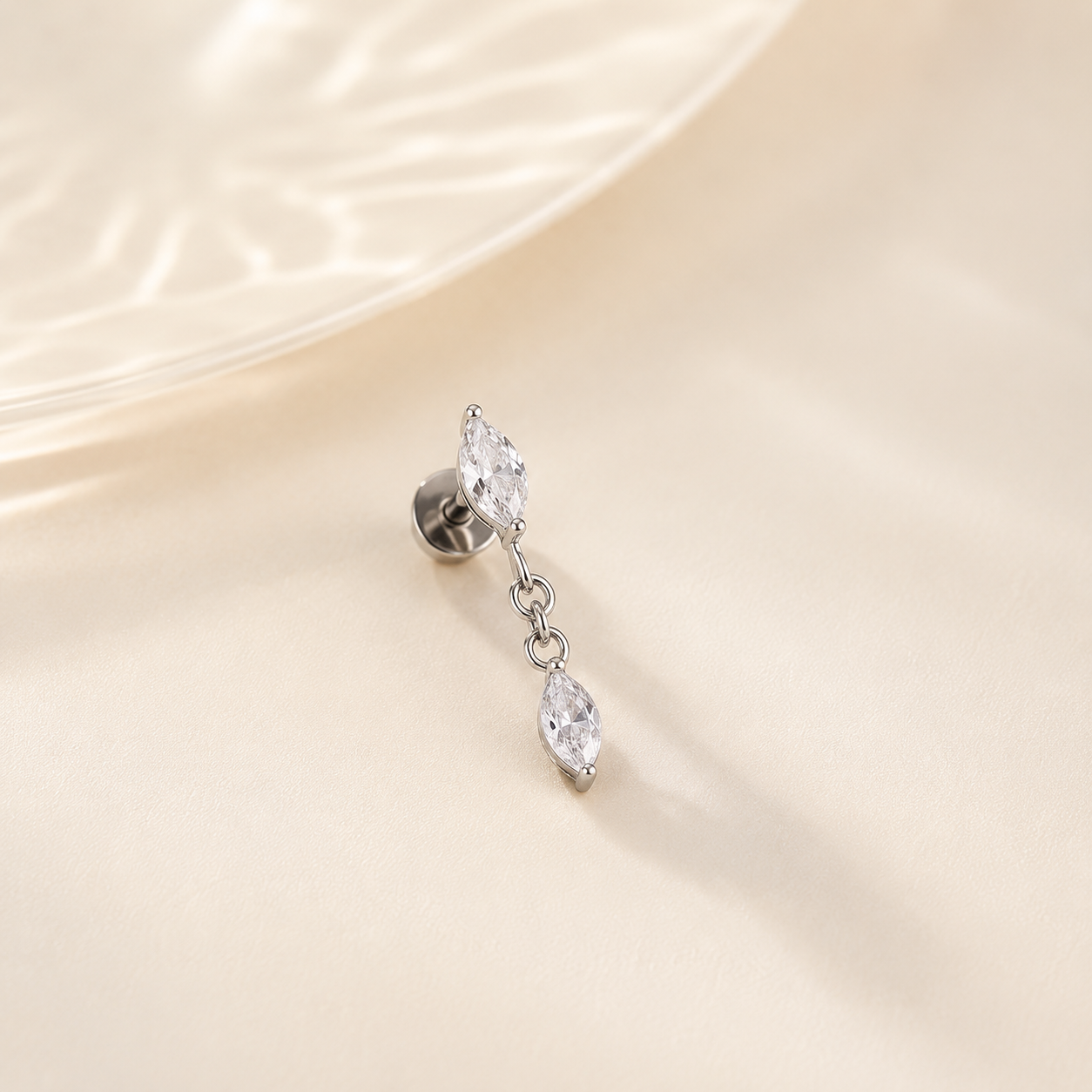 Marquise Chain Drop Flat Back Stud Silver