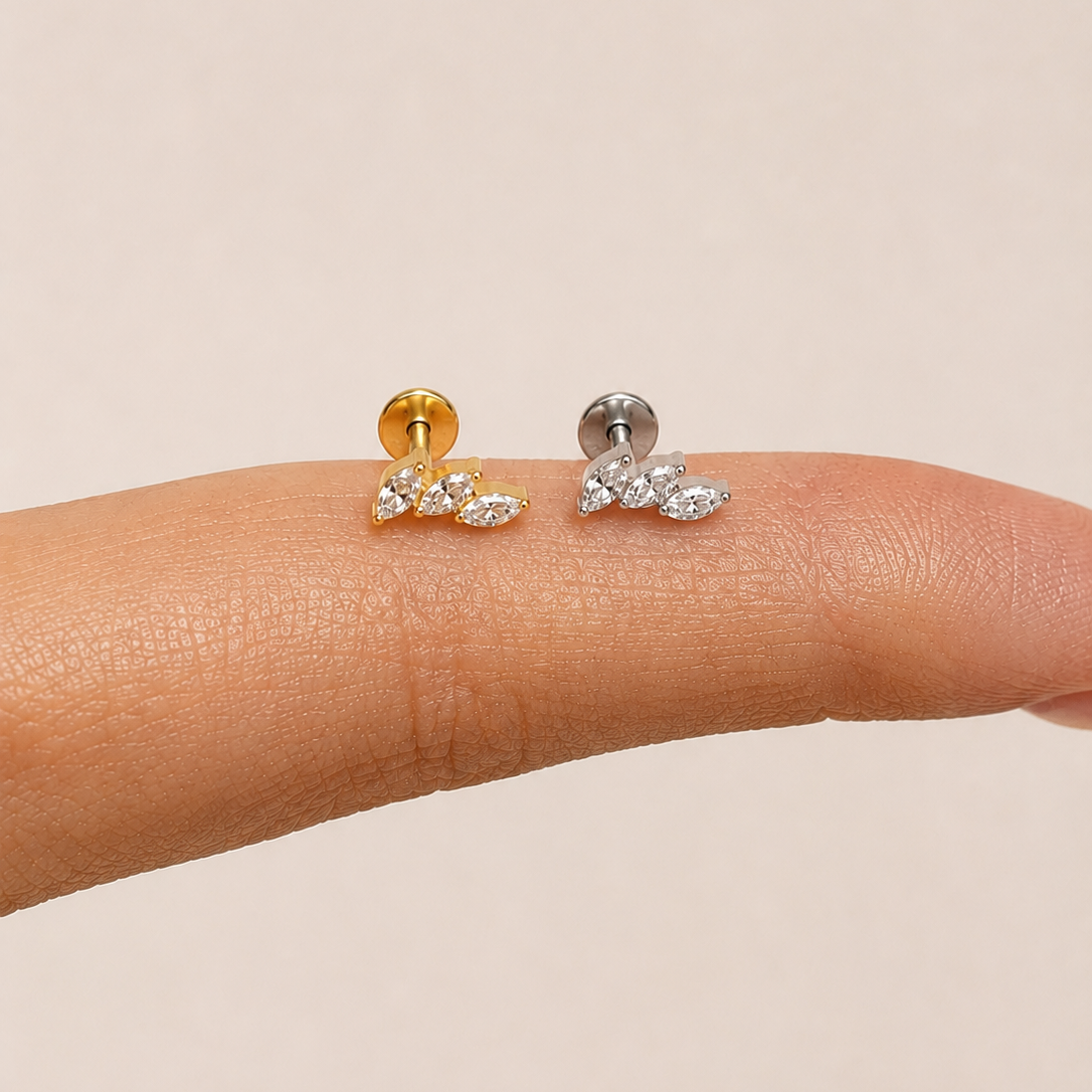 Marquise Leaf Climber Flat Back Labret Stud Silver
