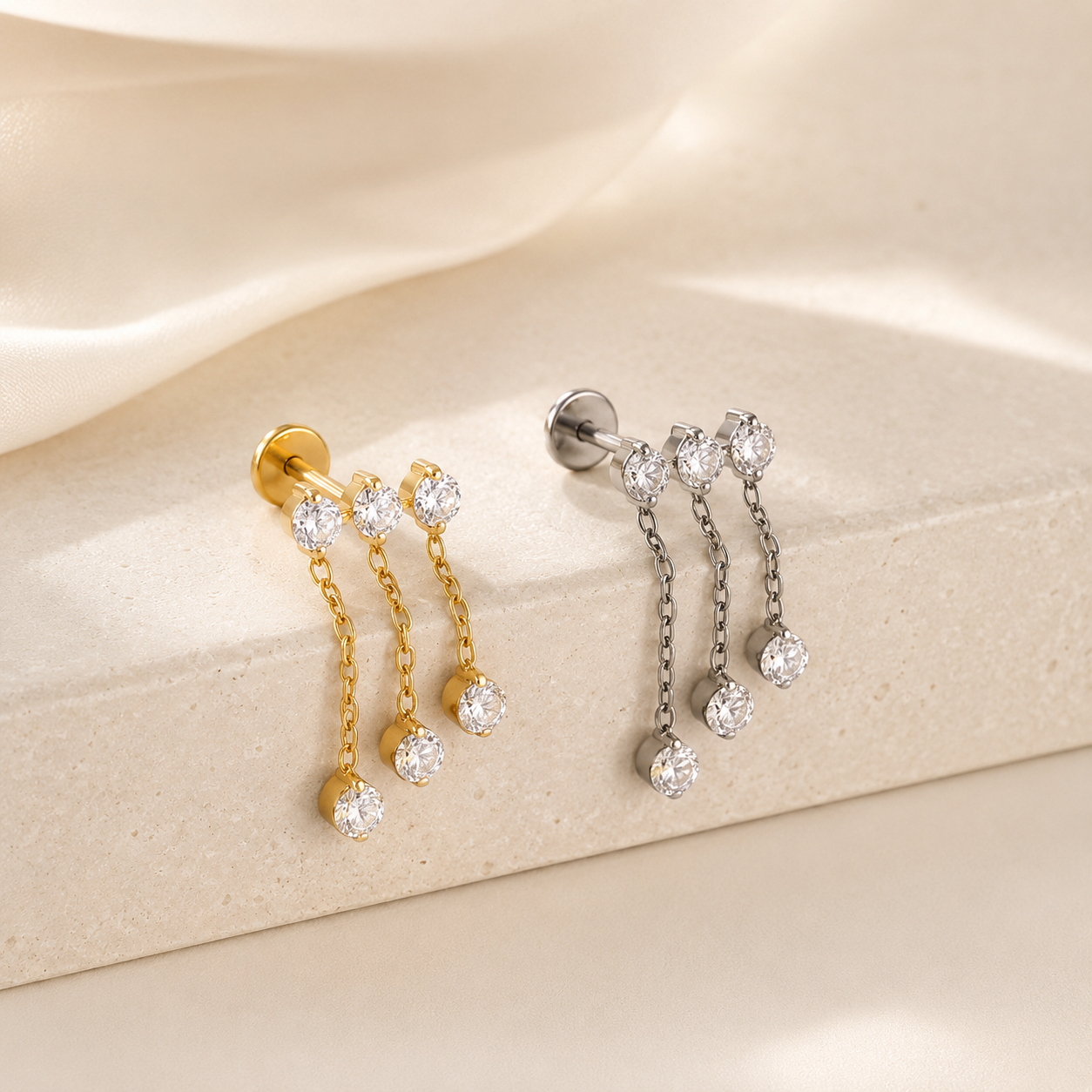 Crystal Drip Chain Flat Back Stud Gold