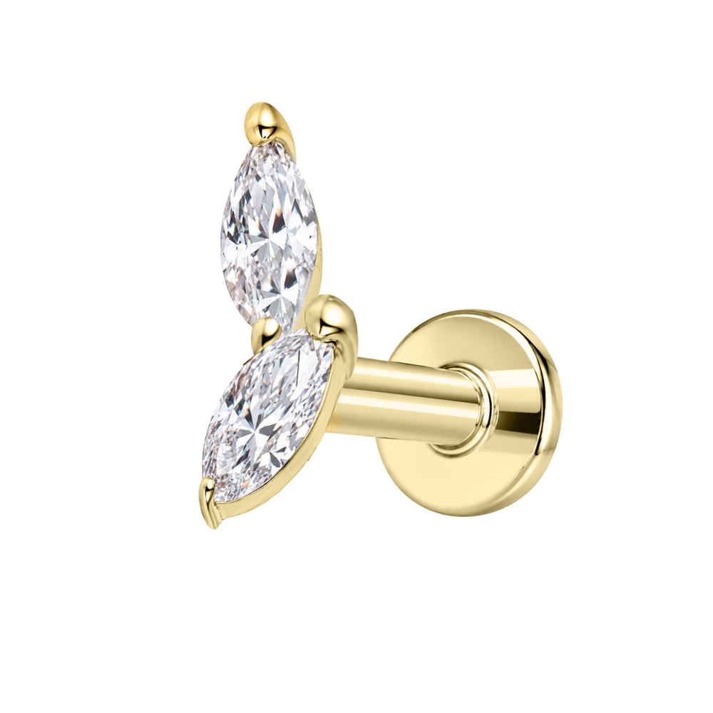 14K Solid Gold Duet Marquise Flat Back Stud