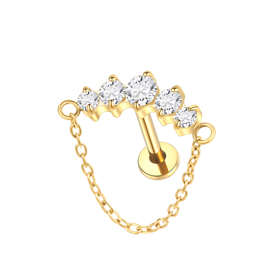Crystal Curve Chain Flat Back Labret Stud Gold
