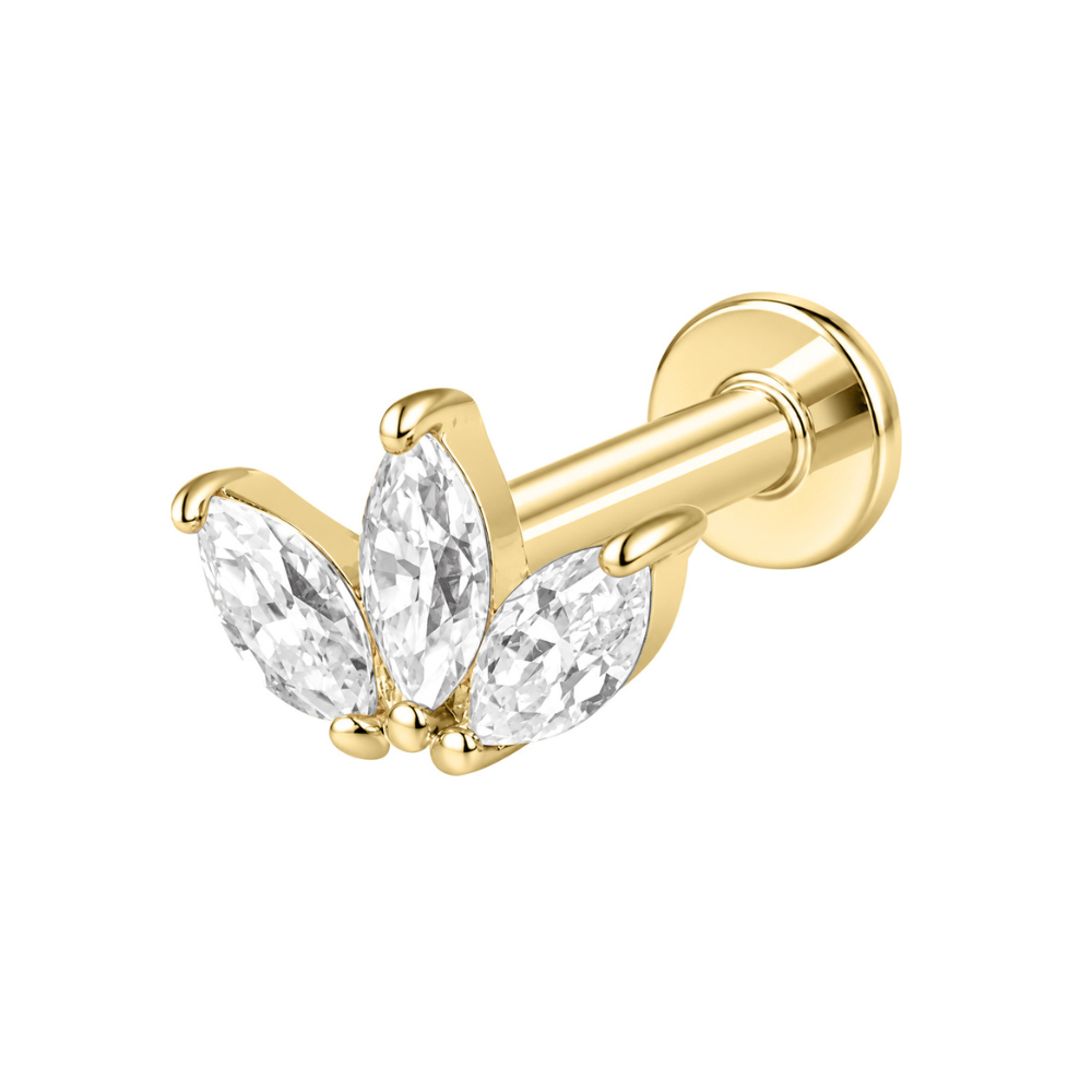 14K Solid Gold Triple Marquise Flat Back Stud