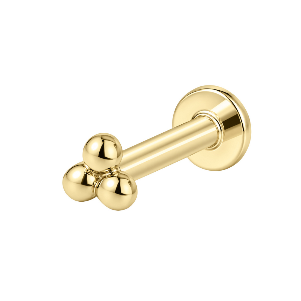 14K Solid Gold Trilogy Bead Flat Back Stud