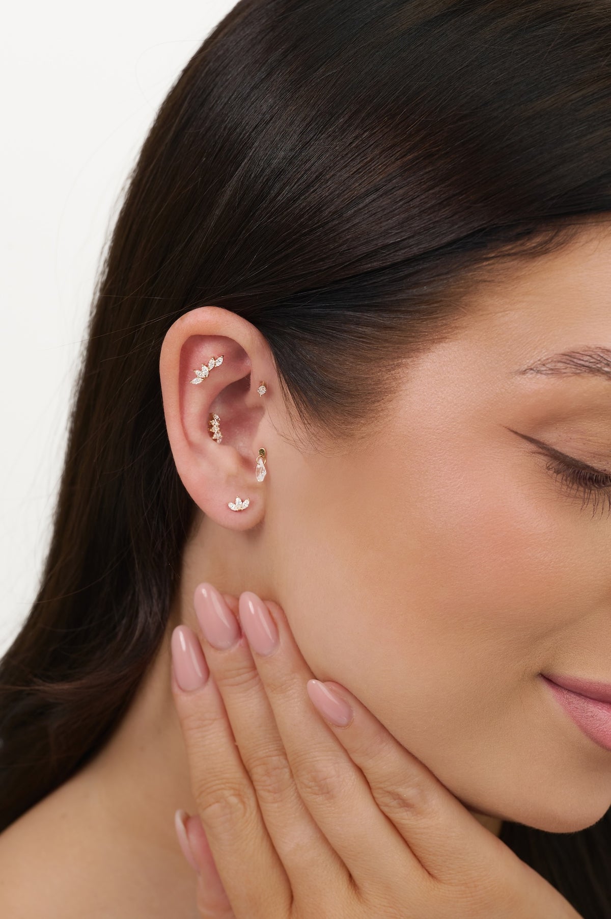 14K Solid Gold Triple Marquise Flat Back Stud