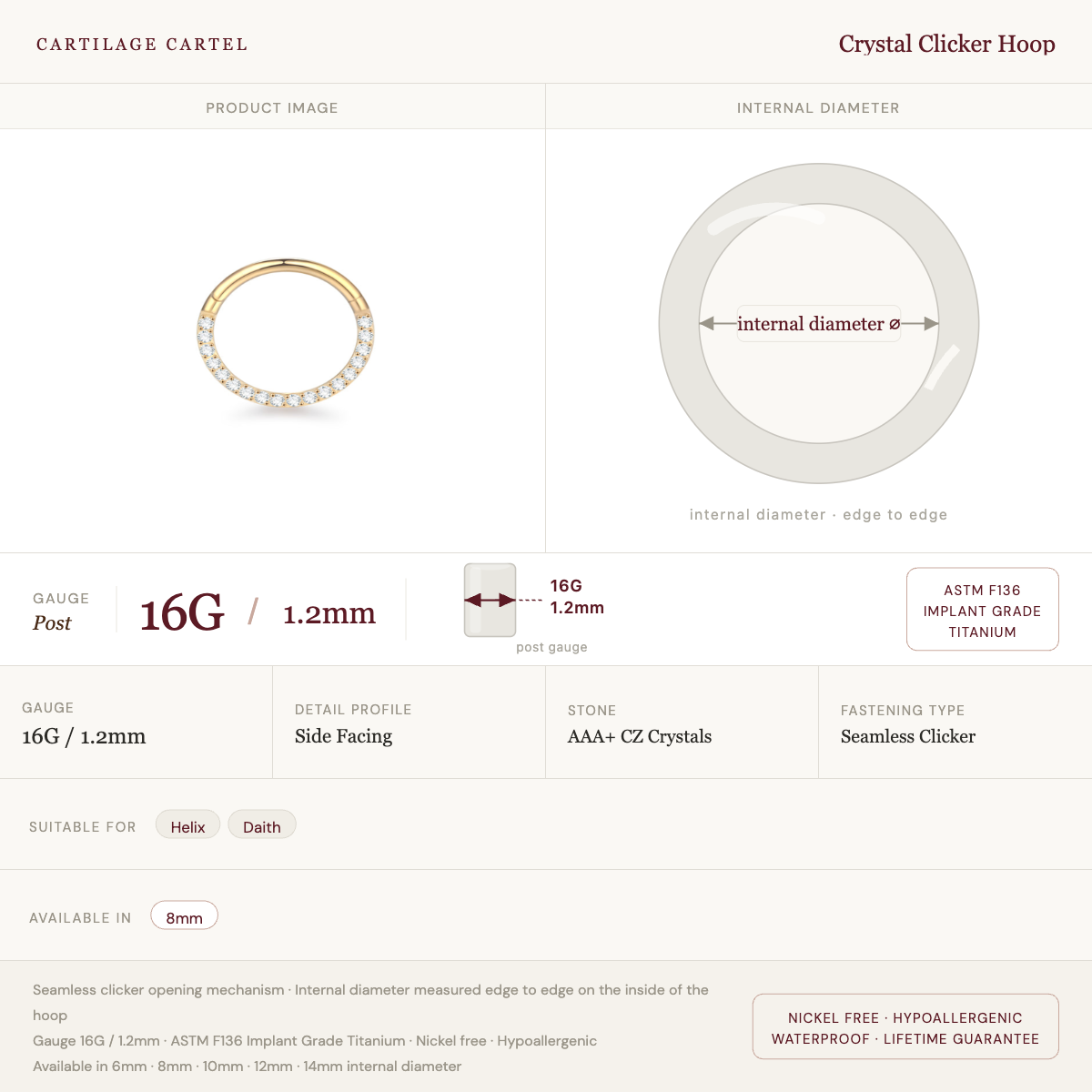 Crystal Clicker Hoop Gold 8mm