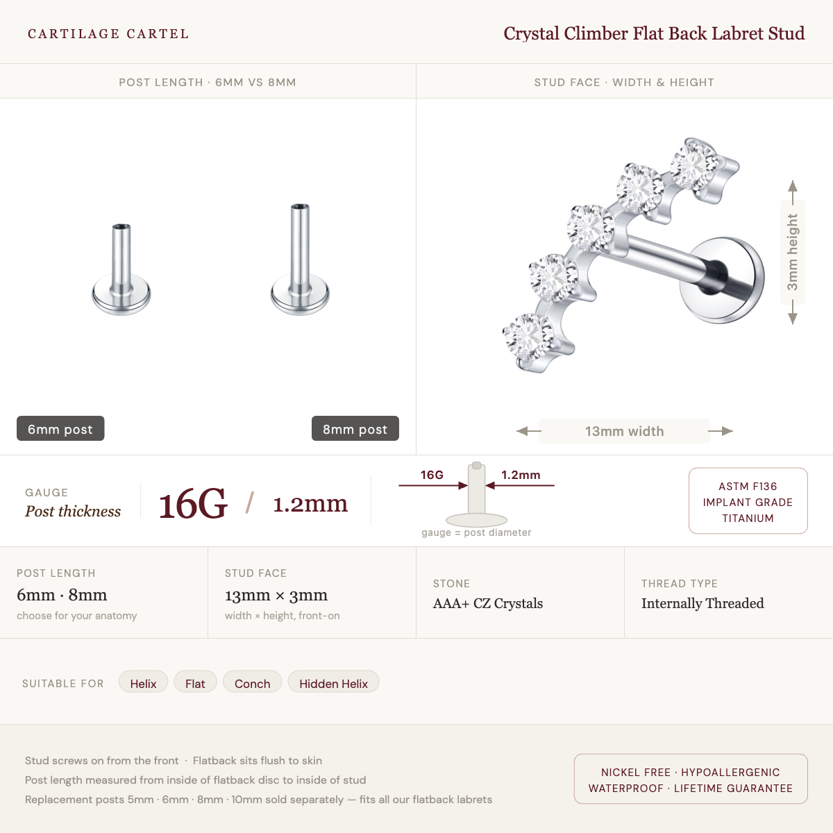 Crystal Climber Flat Back Labret Stud Silver