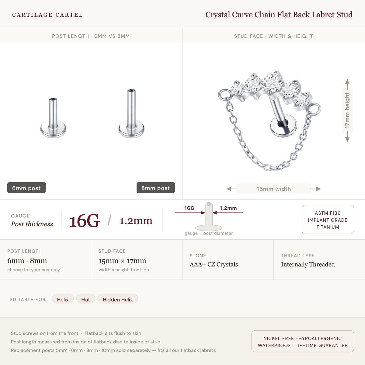 Crystal Curve Chain Flat Back Labret Stud Silver