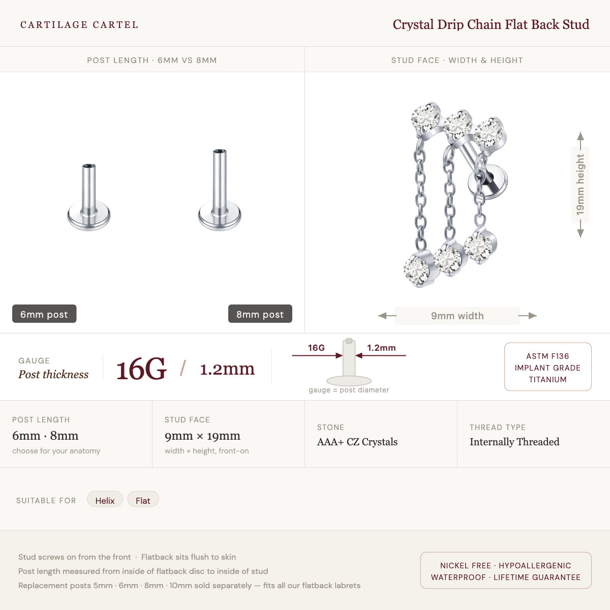 Crystal Drip Chain Flat Back Stud Silver