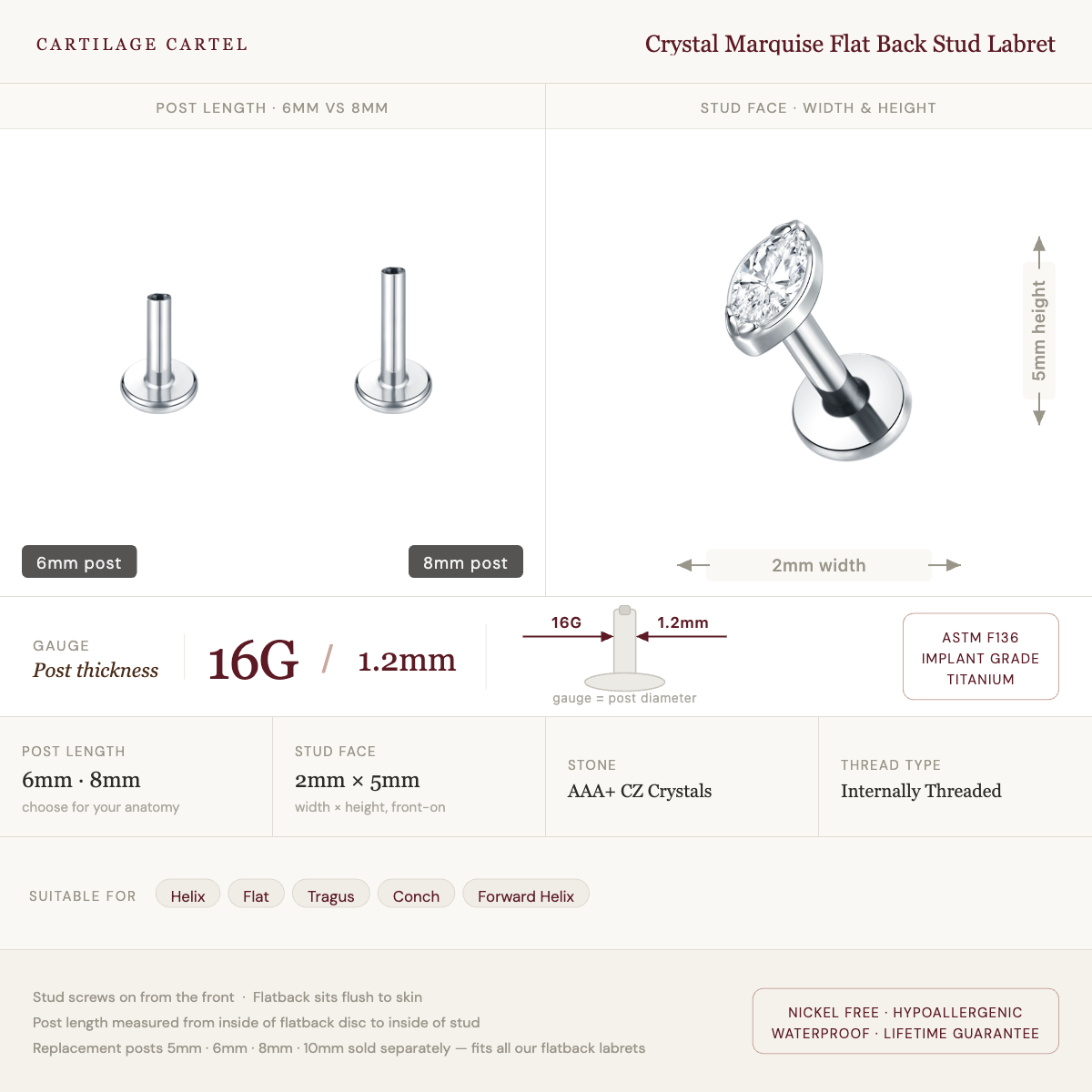 Crystal Marquise Flat Back Stud Labret Stud Silver