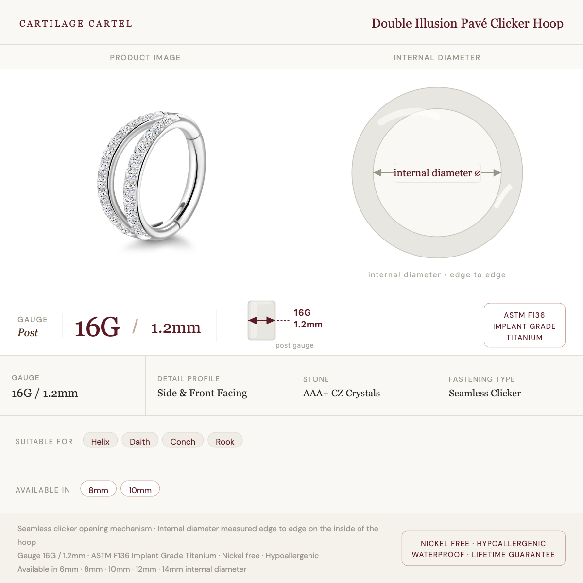 Double Illusion Pavé Clicker Hoop Silver - 8-10mm