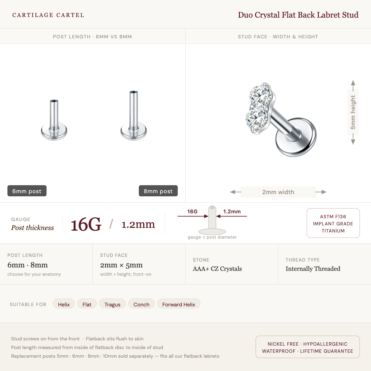 Duo Crystal Flat Back Labret Stud Gold