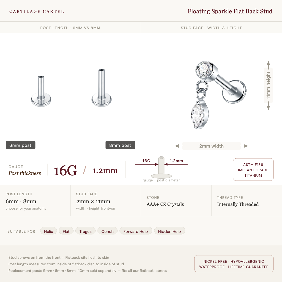 Floating Sparkle Flat Back Stud Silver