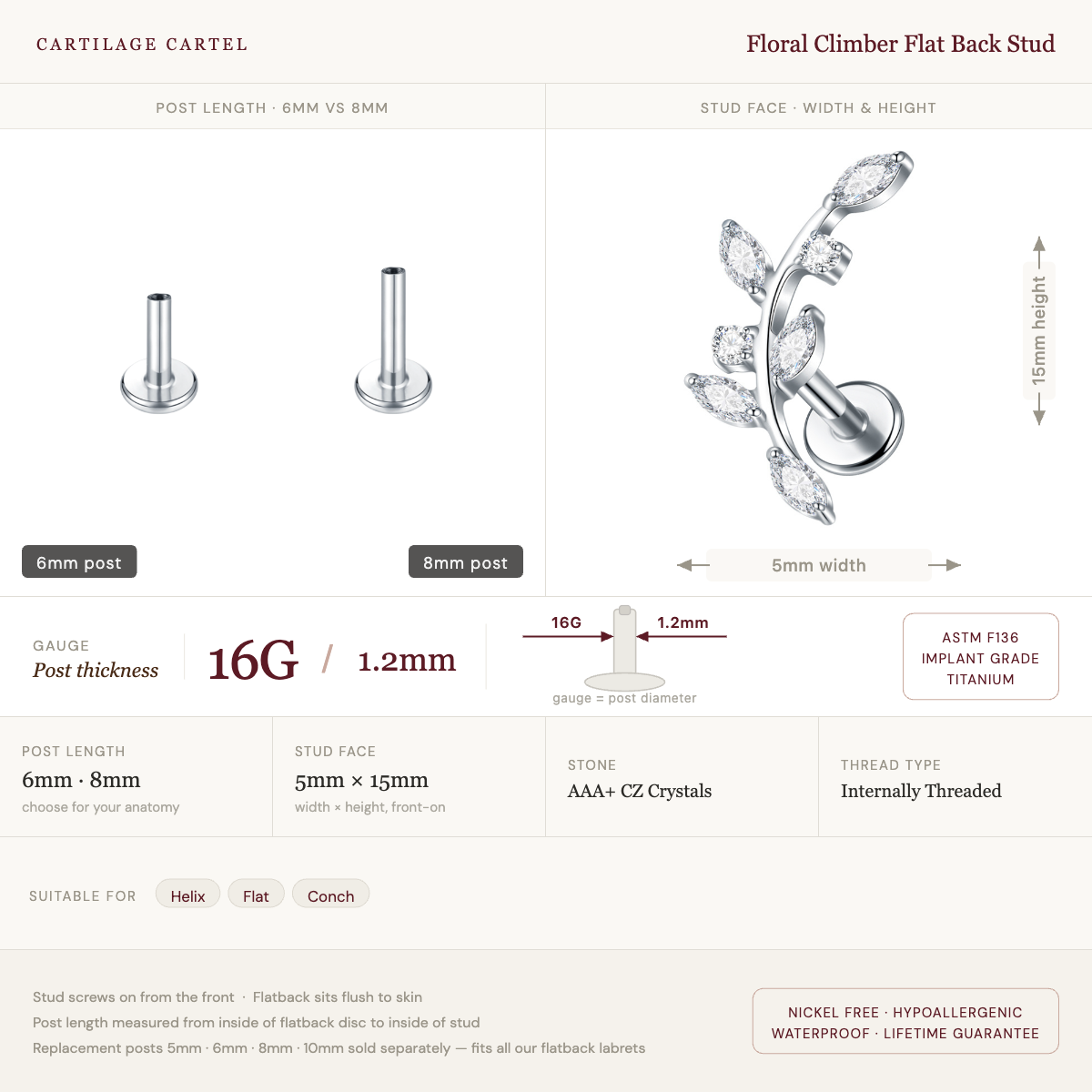 Floral Climber Flat Back Stud Silver
