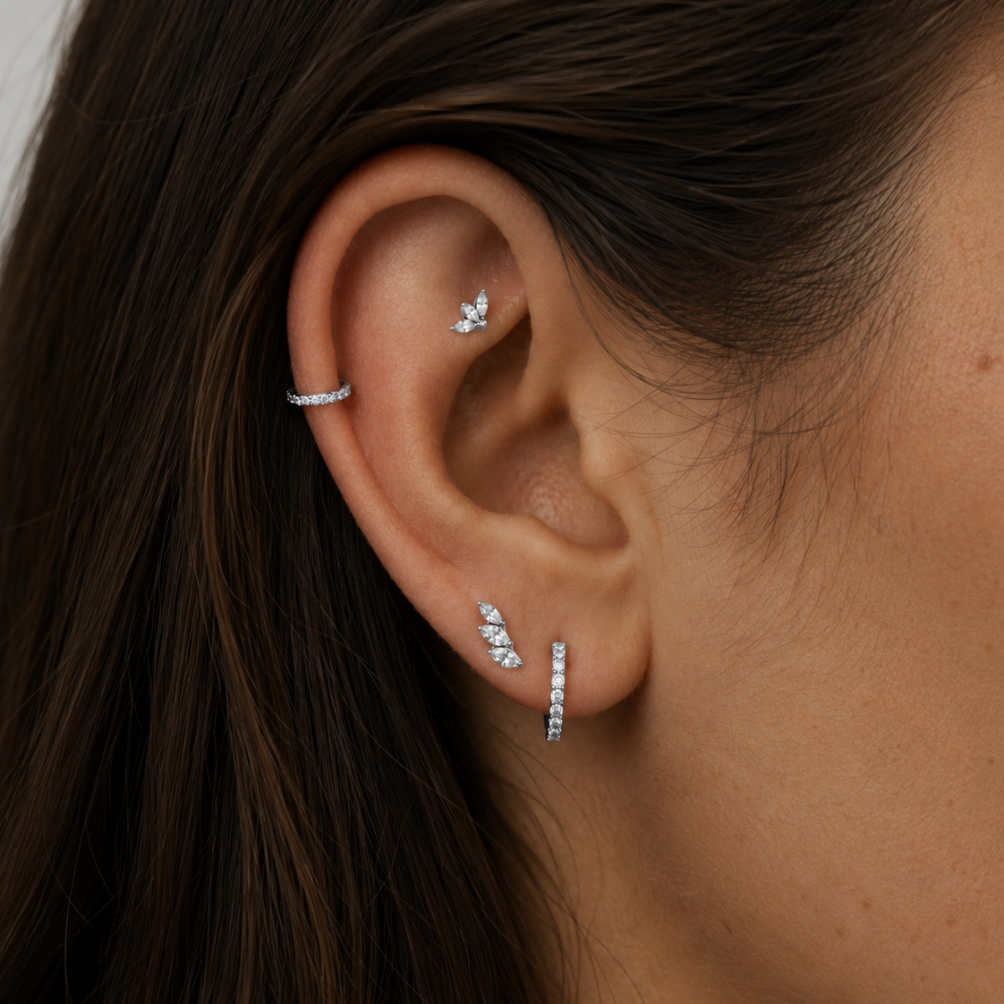Marquise Leaf Climber Flat Back Labret Stud Silver