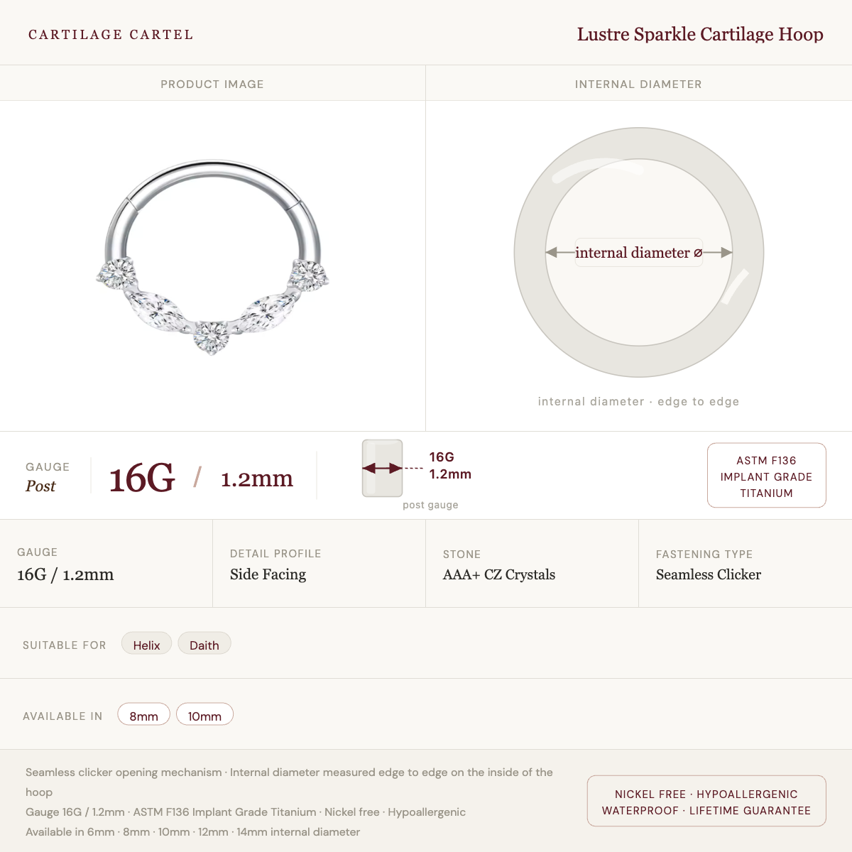 Lustre Sparkle Cartilage Hoop Silver 8-10mm