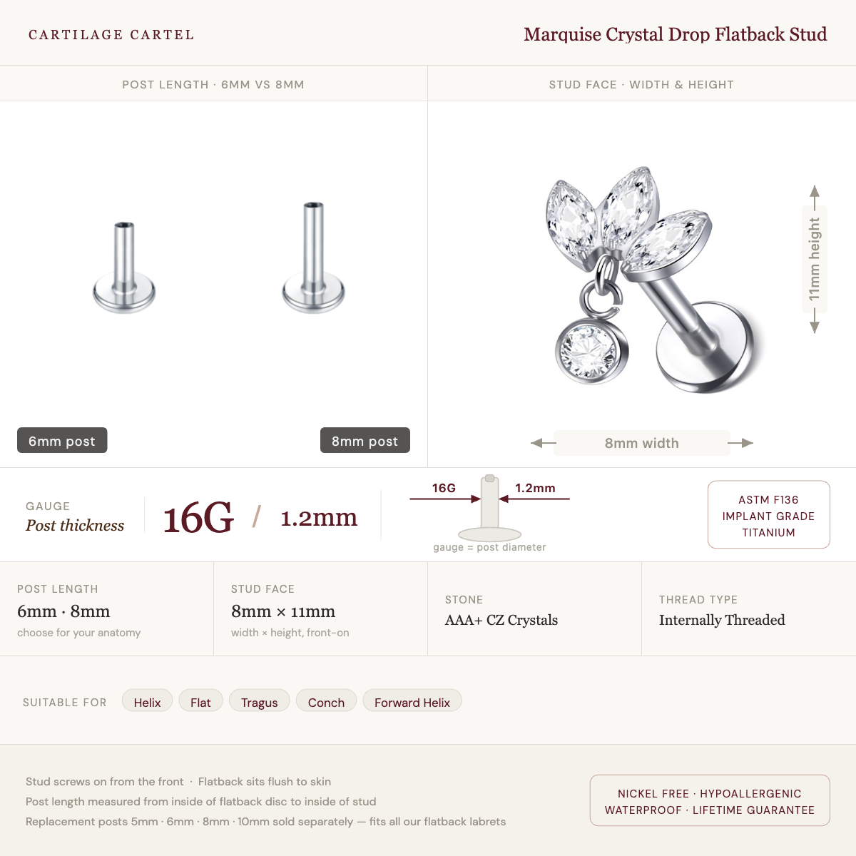 Marquise Crystal Drop Flat Back Labret Stud Silver